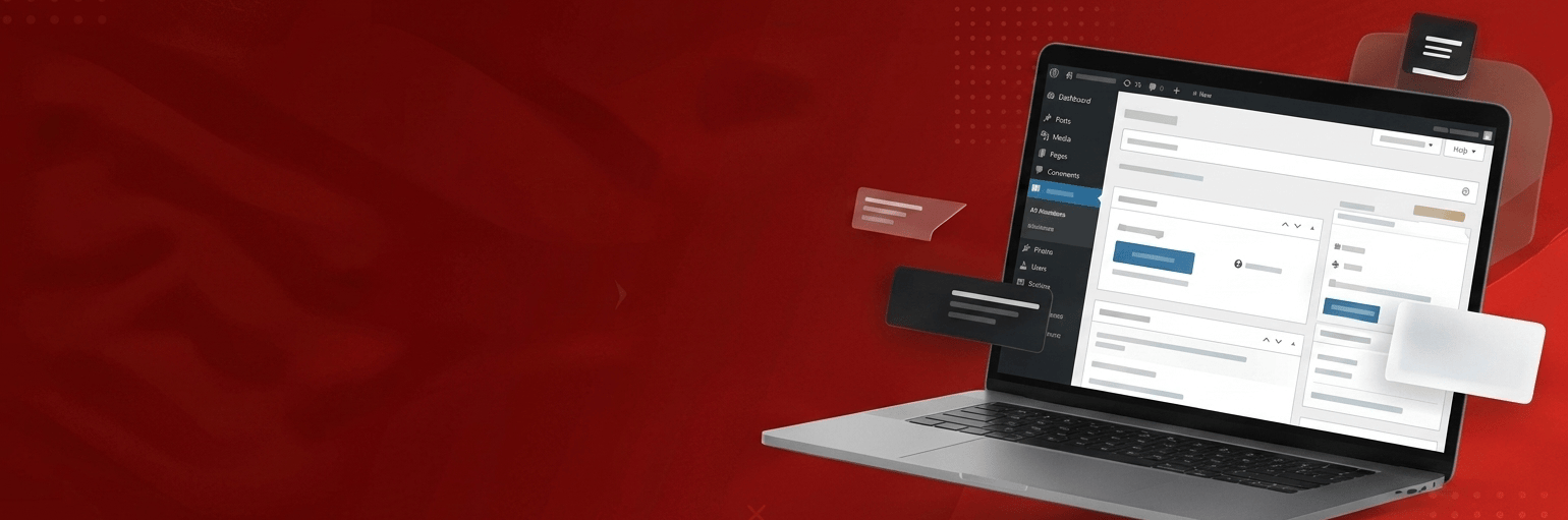 Laptop and phone mockups showing a website content management dashboard