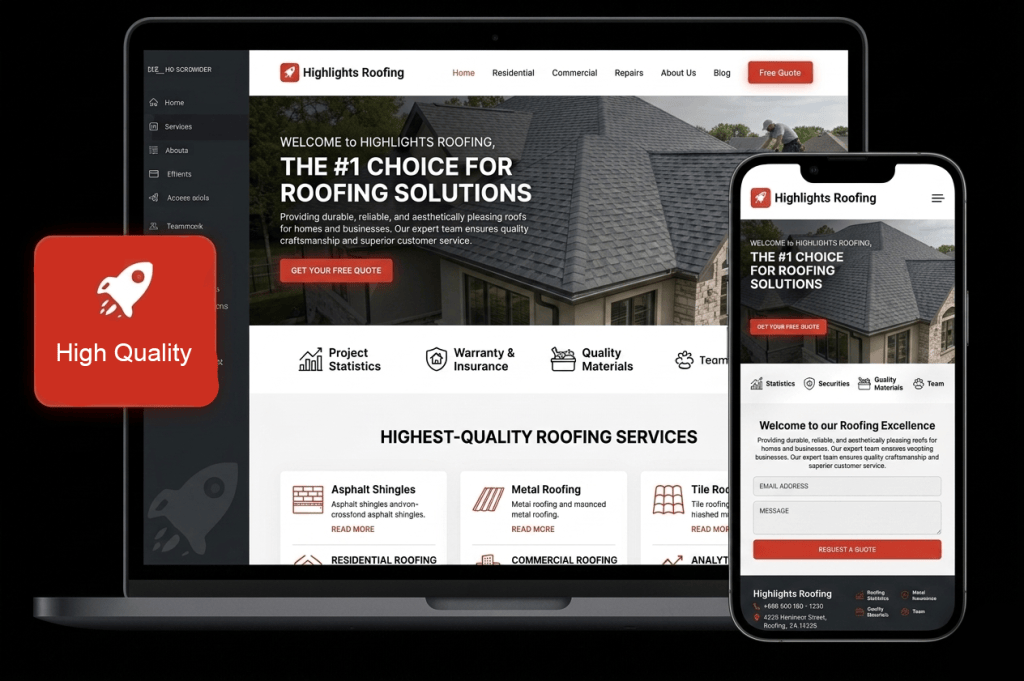 Laptop and phone mockups of a roofing company website